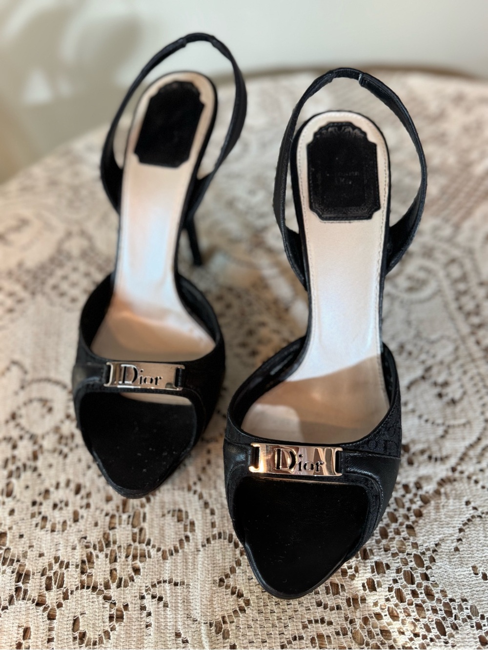 Dior Black Open-Toe Slingback Heels with Branded Plaque